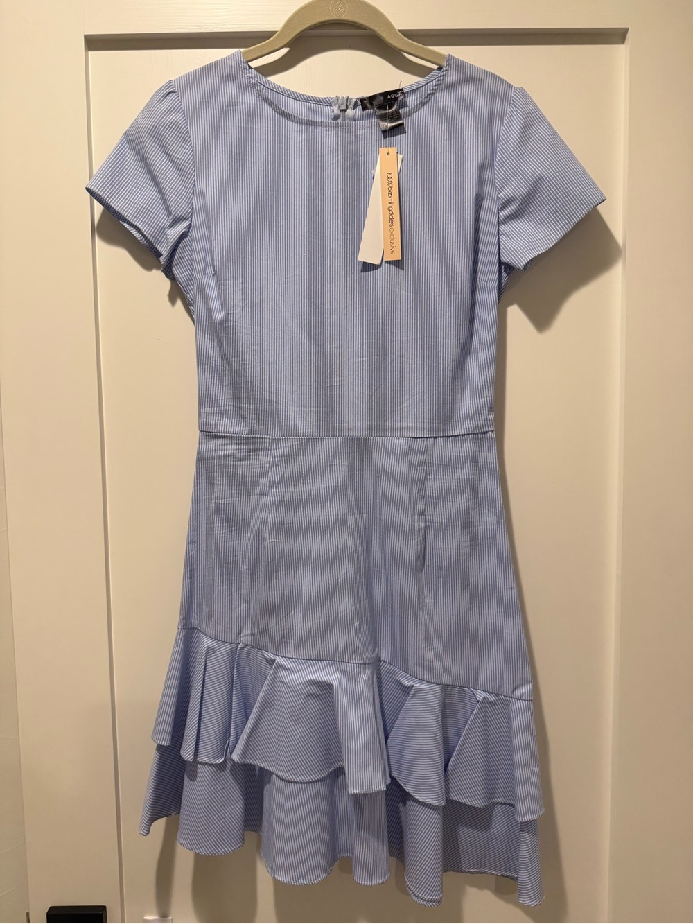 Aqua Light Blue Striped Ruffle-Hem Casual Dress